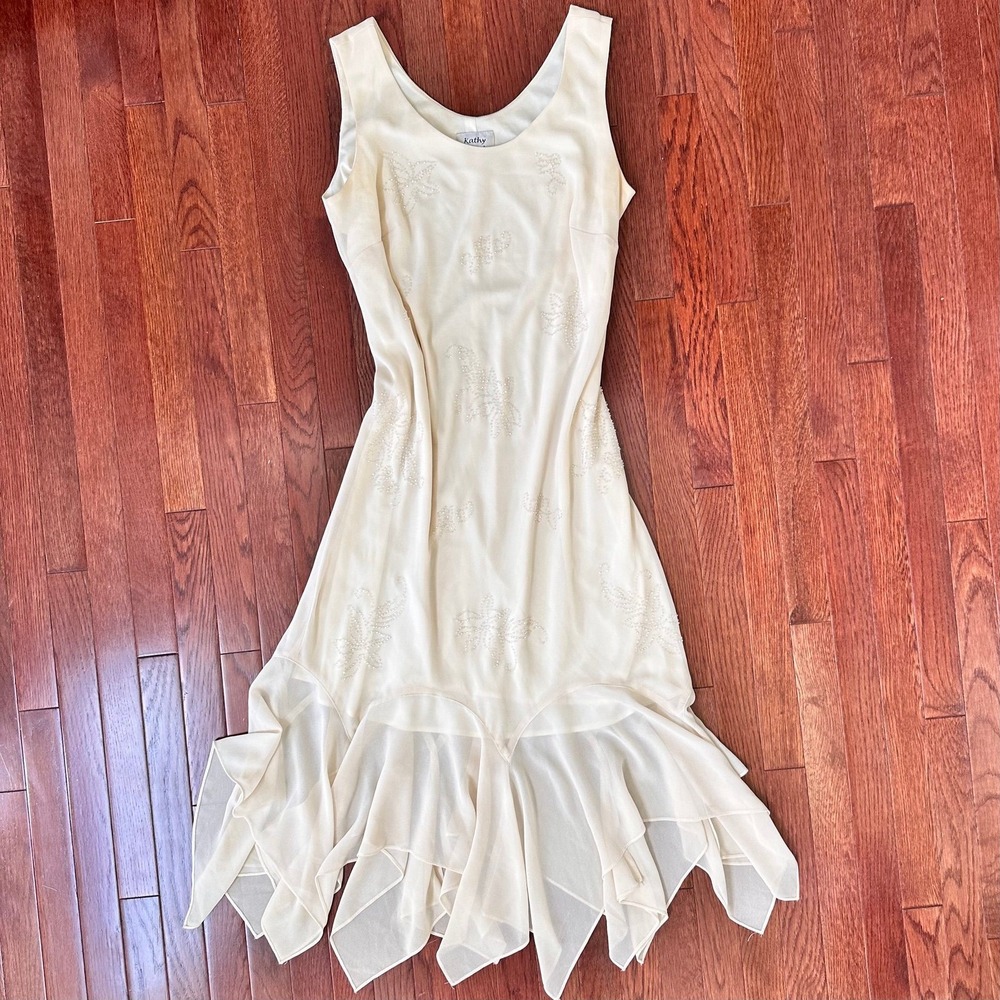 Vintage Y2K 2000s Kathy Roberts Ivory Beaded Embellished Asymmetrical Dress Set